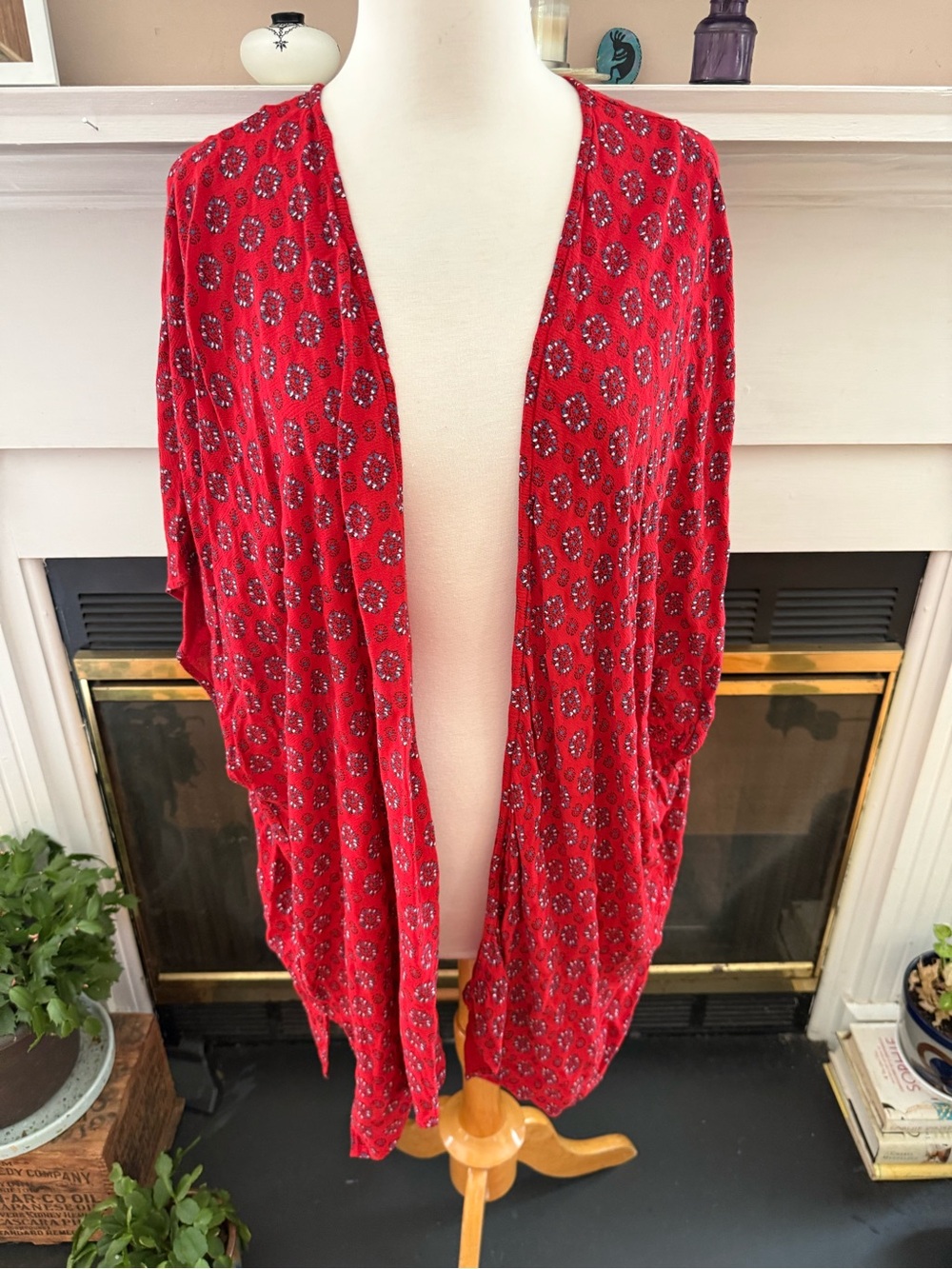 Your Story Red Blue Open-Front Women's Cardigan Kimono size large